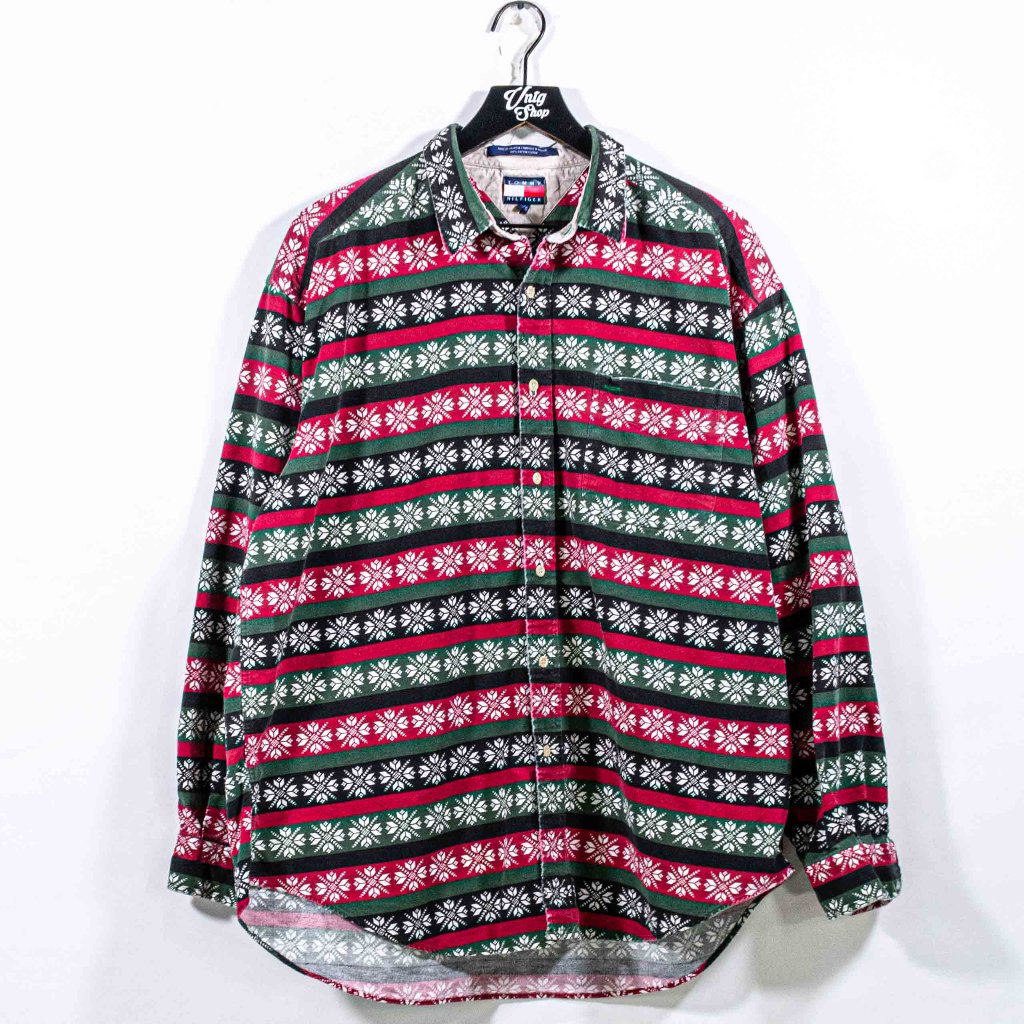 Tommy Hilfiger Snowflake Striped Button Down Shirt Large Vtg 90s Distressed